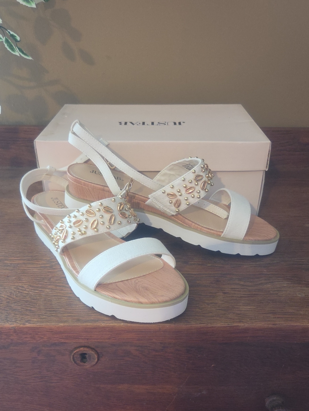 JustFab White Gold-Embellished Slingback Platform Sandals